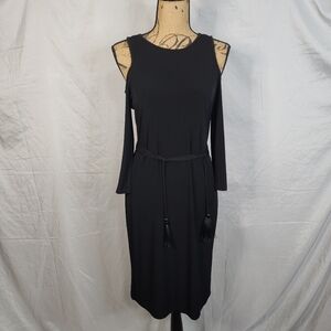 CALVIN KLEIN Size 4 Tasseled Cold Shoulder Long Sleeve Belted Little Black Dress